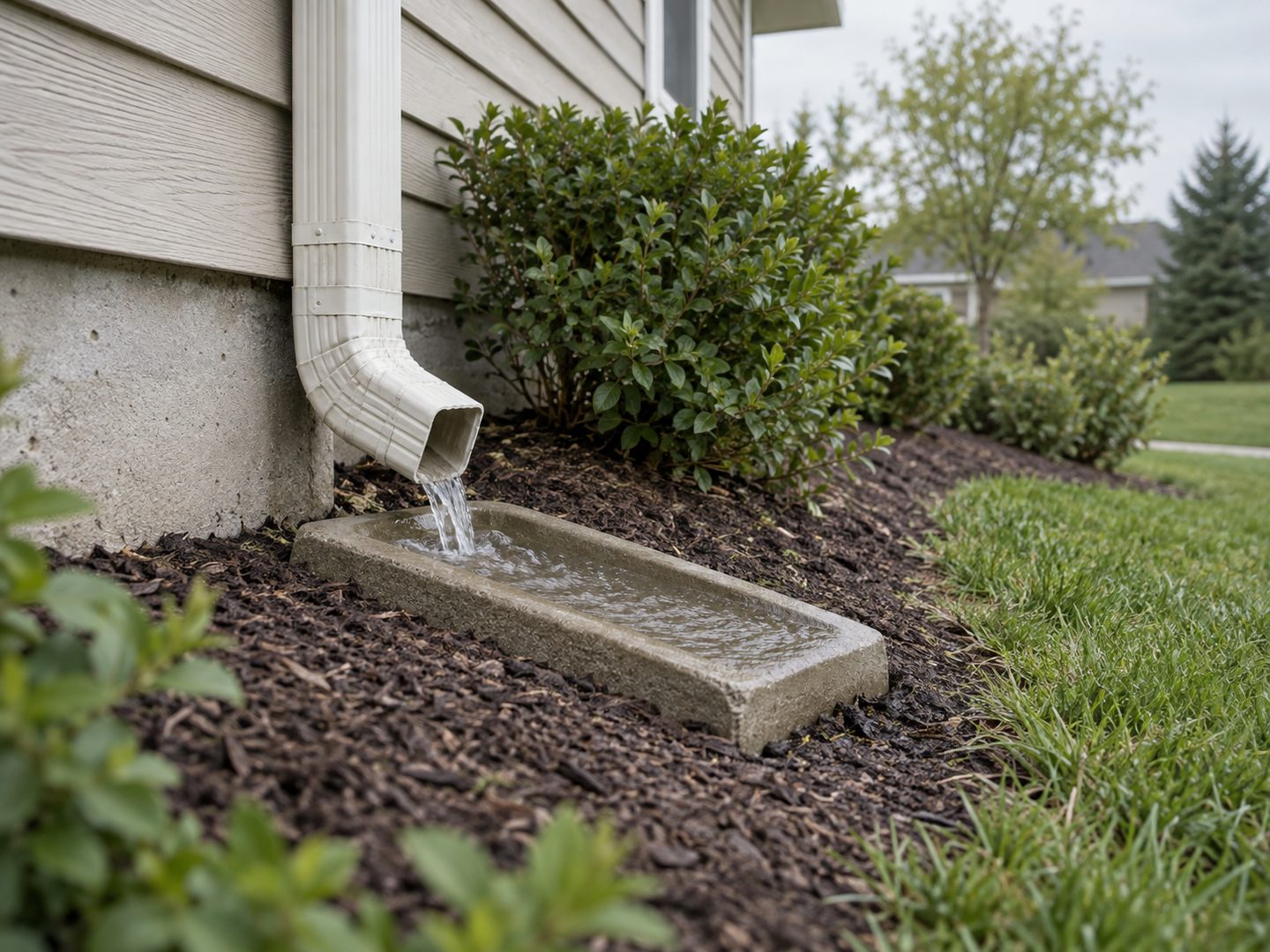 A downspout discharging beside a foundation wall.