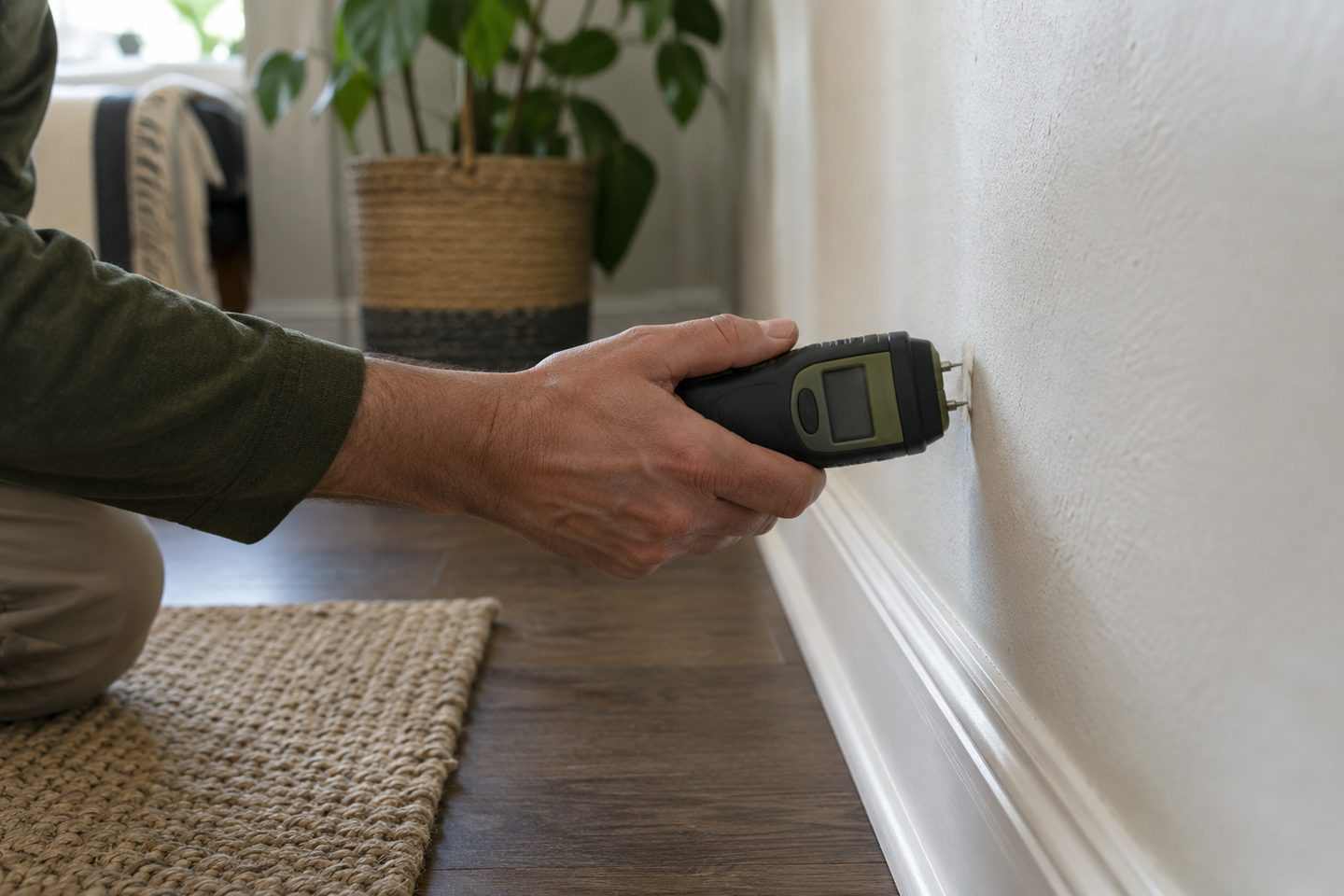 A moisture meter reading taken against a wall surface.