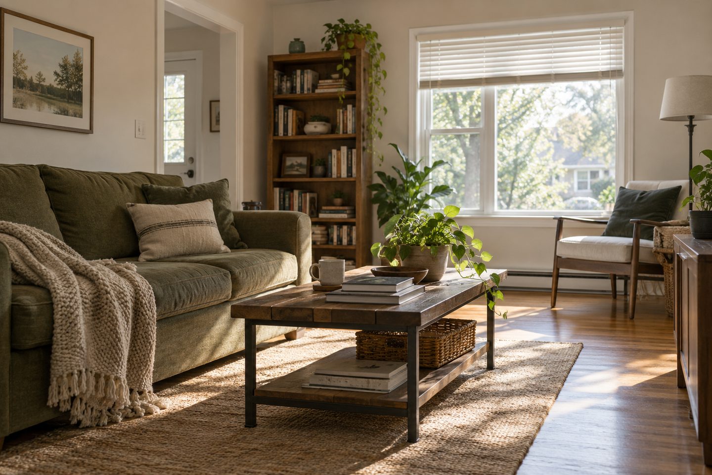 A sunlit room with a window and plain plastered walls.